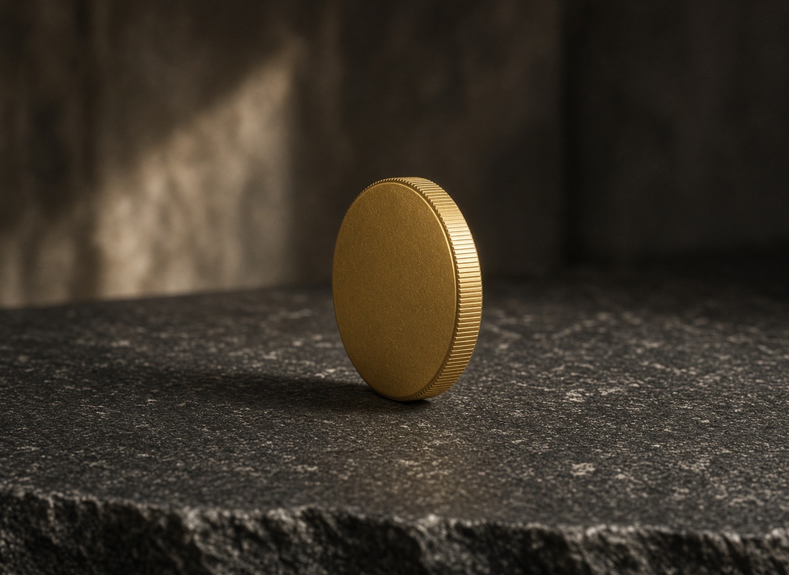 The reeded edge of a gold bullion coin on dark stone