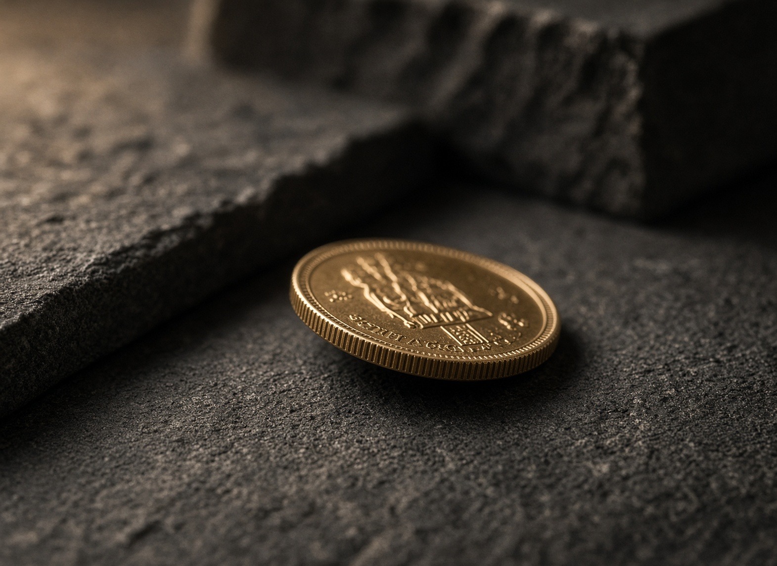 A gold Sovereign coin on dark stone